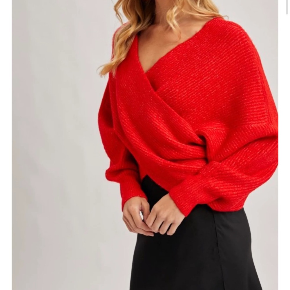 Ruby Wrap Crossover Ribbed Fuzzy Knit Sweater Sz L - image 1